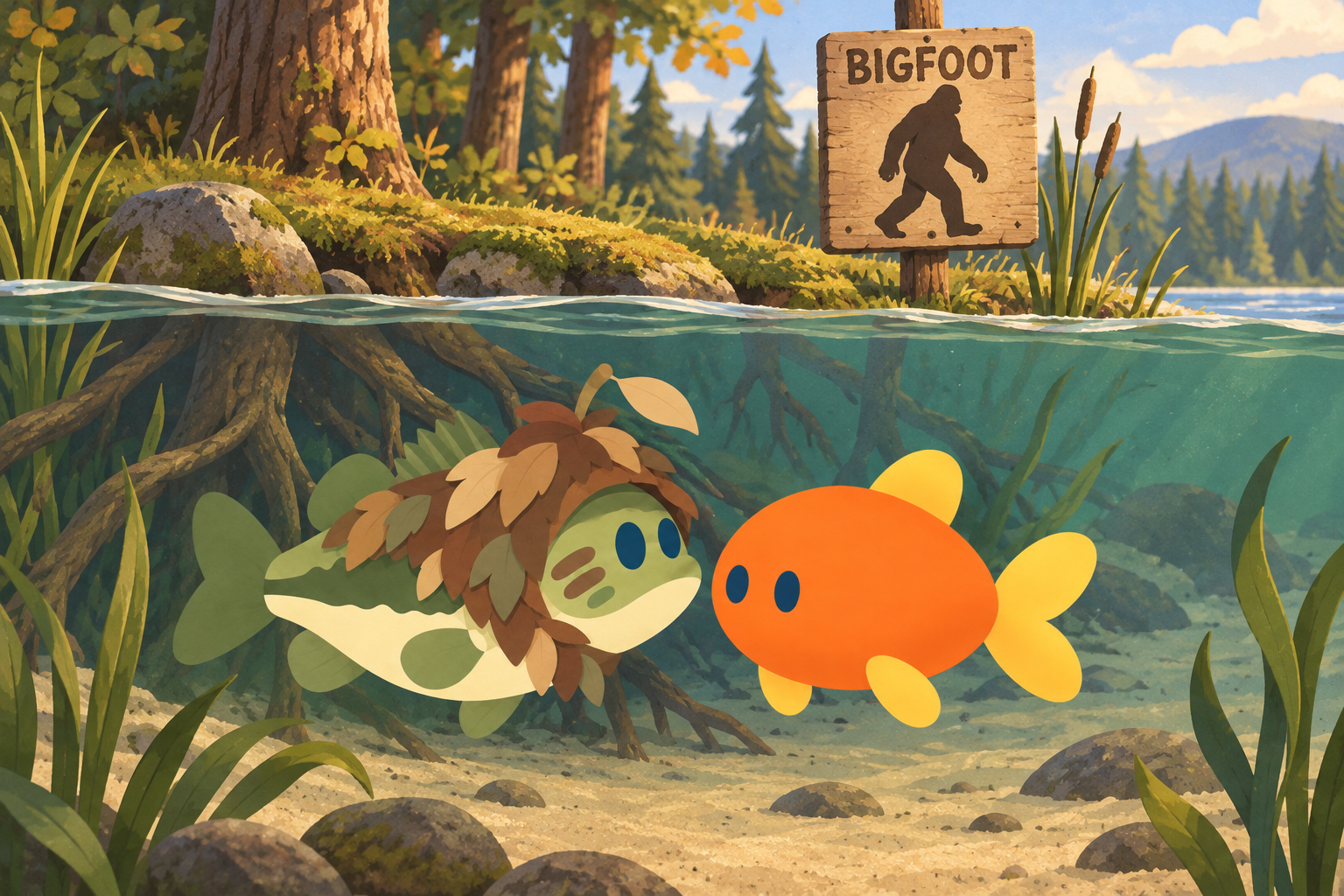 Bassquatch and your companion face each other underwater beside tree roots, beneath a Bigfoot sign on the lake bank